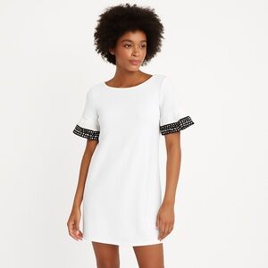 Elle White Jacquard Shift Dress with Black Trim Ruffled Short Sleeves XXL